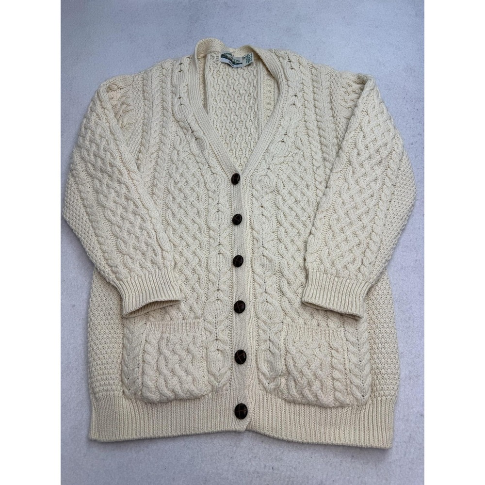 Aran Crafts Boyfriend Cardigan Womens XXL White 100% Merino Wool Cable Knit
